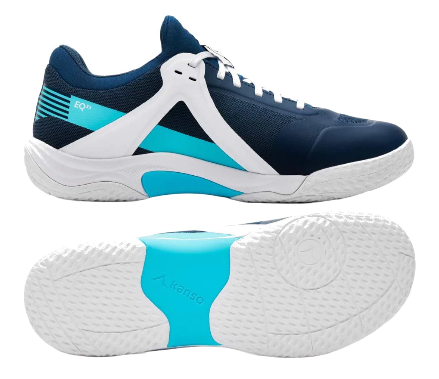 Introducing the Kanso Equilibrium EQx3 Unisex Badminton Shoes in navy: designed for optimal energy return with a sturdy upper, white laces, teal accents, and textured sole. The design showcases the Kanso logo on side and bottom views, accentuating its athletic appeal.