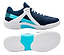 Introducing the Kanso Equilibrium EQx3 Unisex Badminton Shoes in navy: designed for optimal energy return with a sturdy upper, white laces, teal accents, and textured sole. The design showcases the Kanso logo on side and bottom views, accentuating its athletic appeal.