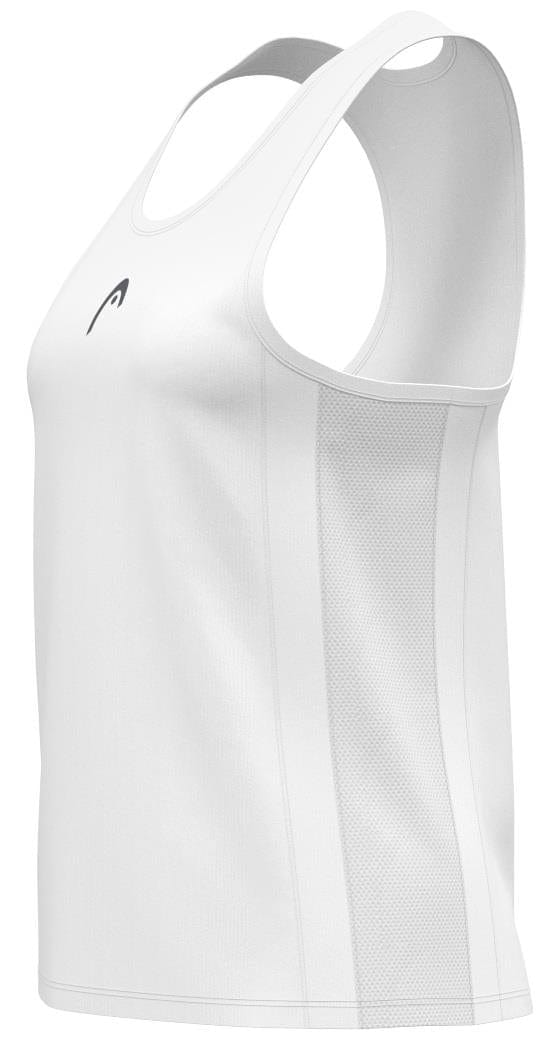 Side view of the HEAD Club 25 Tech Women's Badminton Tank Top in white, featuring a sleeveless design with a small black chest logo. The side panel enhances breathability with advanced wicking and Moisture Transfer Microfiber technology.