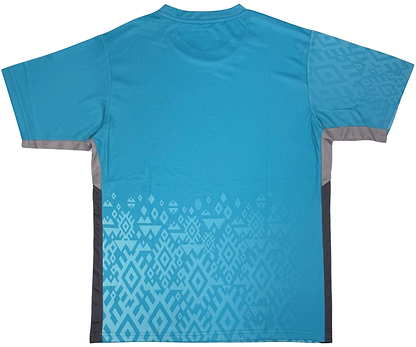 The Yonex YTM11 Men's Badminton T-Shirt in Blue Sea features gray side panels and cuffs, plus a light blue geometric pattern across the lower back and sleeves. The shirt is shown laid flat, displaying the back view.