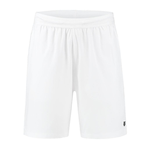 The K-Swiss Hypercourt Men's Shorts in white are designed with an elastic waistband for comfort. They showcase a small black logo near the bottom hem, inspired by the K-Swiss Hypercourt line, enhancing their performance clothing appeal against a clean white background.