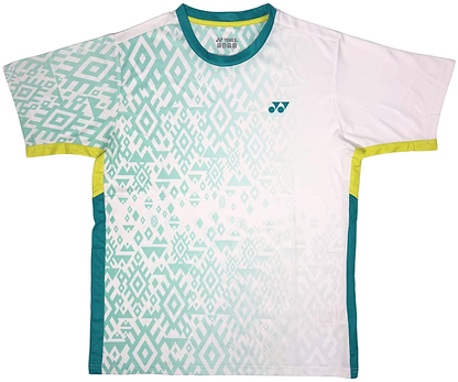 The Yonex YTM11 Mens Badminton T-Shirt - White by Yonex features green geometric patterns, yellow trim, and a small chest logo. Made with Air-Release fabric, it offers breathability and comfort for players.