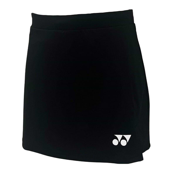 The Yonex YSKT2024 Women's Badminton Skirt/Skort in black boasts a sleek design with a subtle white logo at the bottom right, combining modern fit and moisture-wicking fabric for style and comfort on the court.
