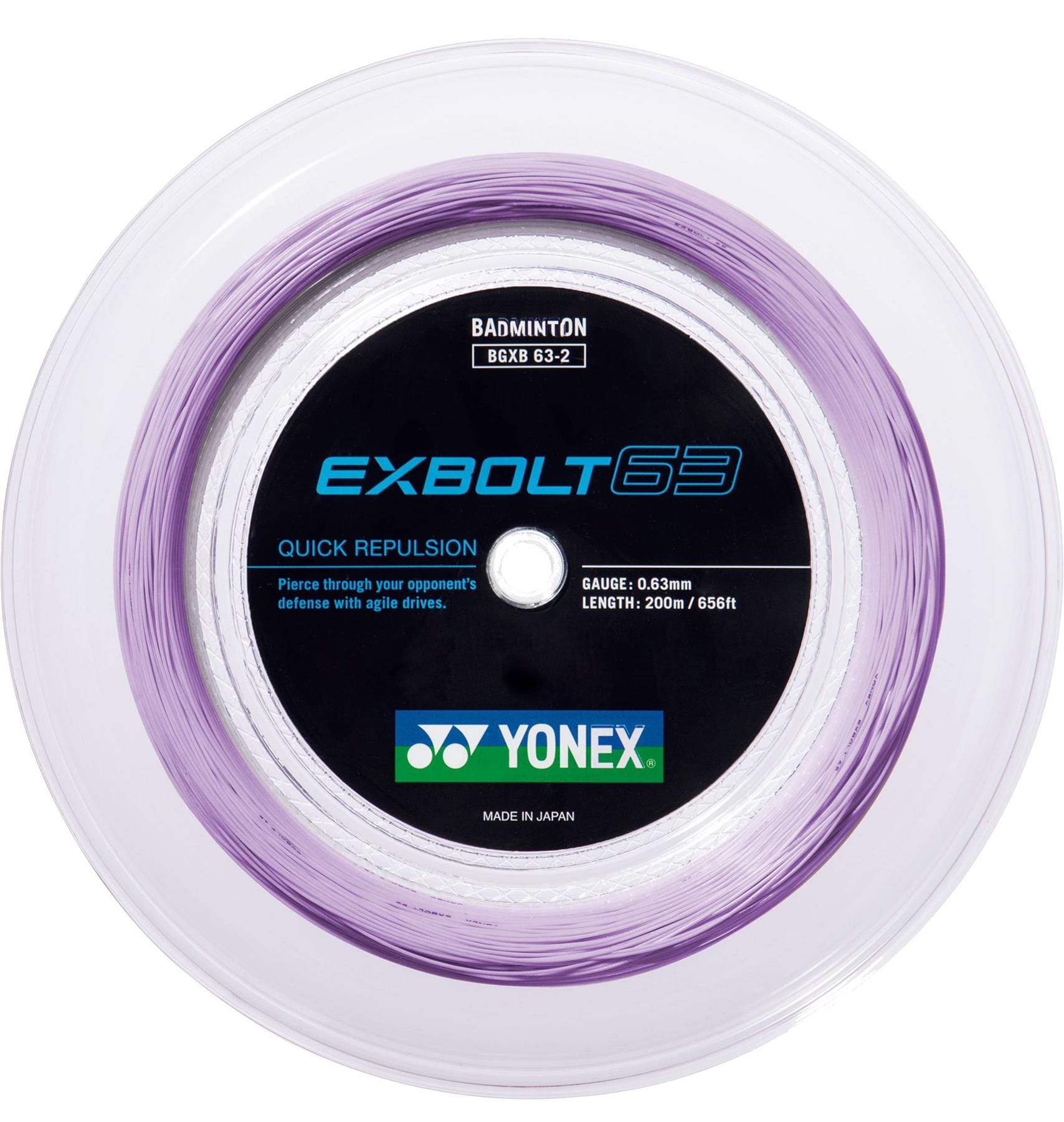 The Yonex Exbolt 63 Badminton String Lavender is a 0.63mm, 200m reel featuring FORGED FIBER technology. It has a clear outer edge with purple string inside, and the label displays Yonex branding and product info.
