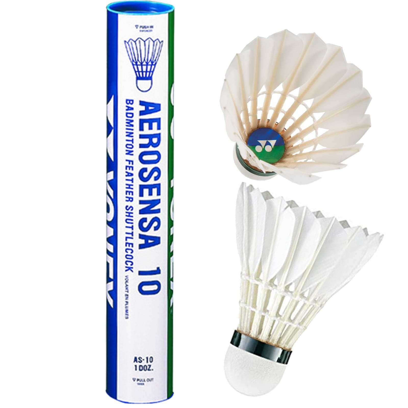 An image depicts a tube of Yonex Aerosena AS10 badminton feather shuttles, with two premium goose feather shuttlecocks: one shown sideways, the other from above with a green logo—ideal for enhancing your game.