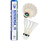 An image depicts a tube of Yonex Aerosena AS10 badminton feather shuttles, with two premium goose feather shuttlecocks: one shown sideways, the other from above with a green logo—ideal for enhancing your game.