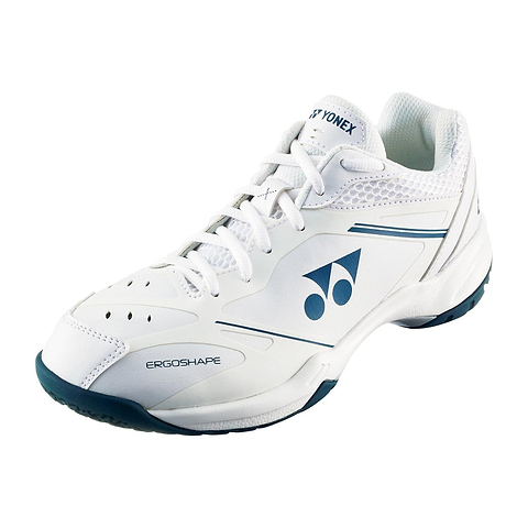 The Yonex Power Cushion 65X4 Badminton Shoes in white feature a black logo, breathable mesh upper, and ergonomic lace-up design for enhanced comfort and performance. The dark outsole is designed to reduce fatigue during play.