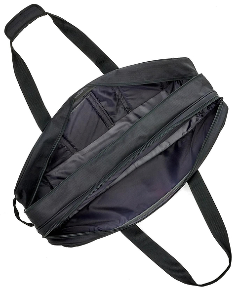 The Yonex BA72631WEX Gearlogic Tournament Badminton Bag - Black is displayed unzipped, with two carrying straps and a roomy, empty interior lined in dark fabric.