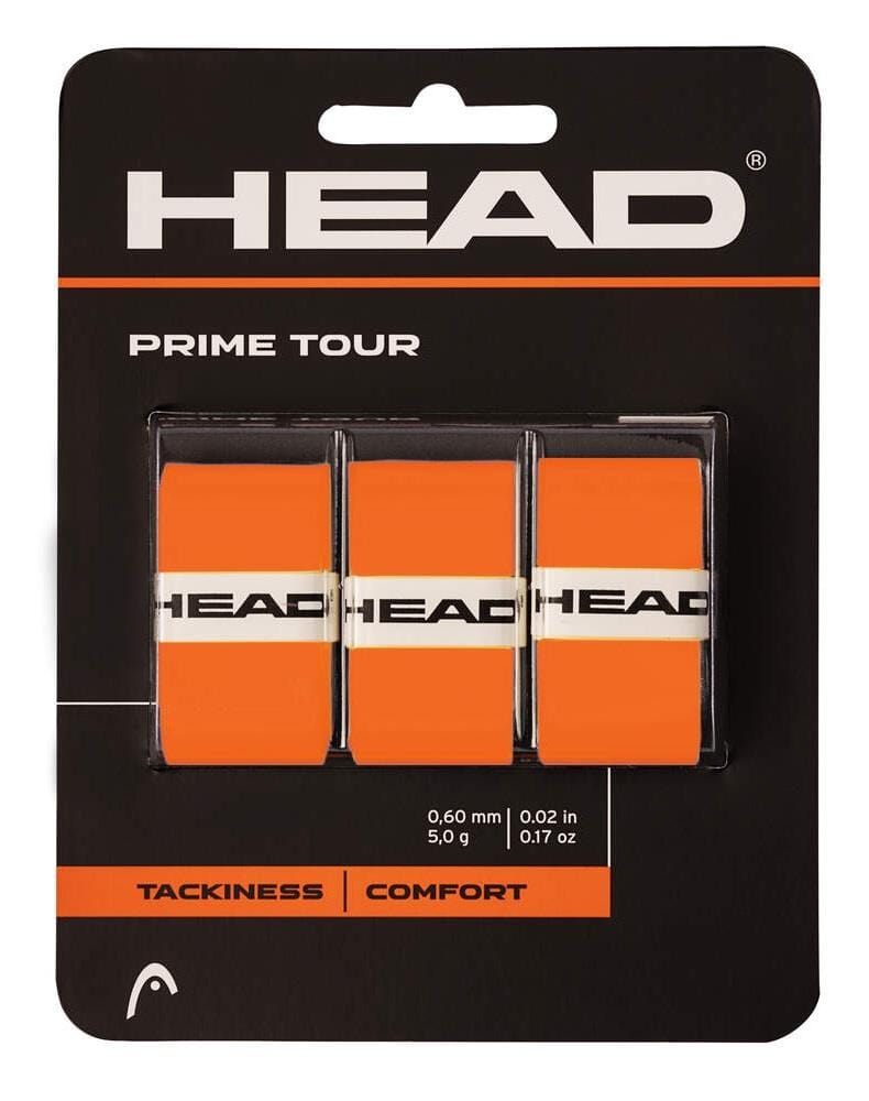 HEAD Prime Tour Badminton Overgrip 3-pack in vibrant orange includes three individually wrapped grips, highlighting their exceptional tackiness and superior comfort, making them perfect for players seeking enhanced performance.