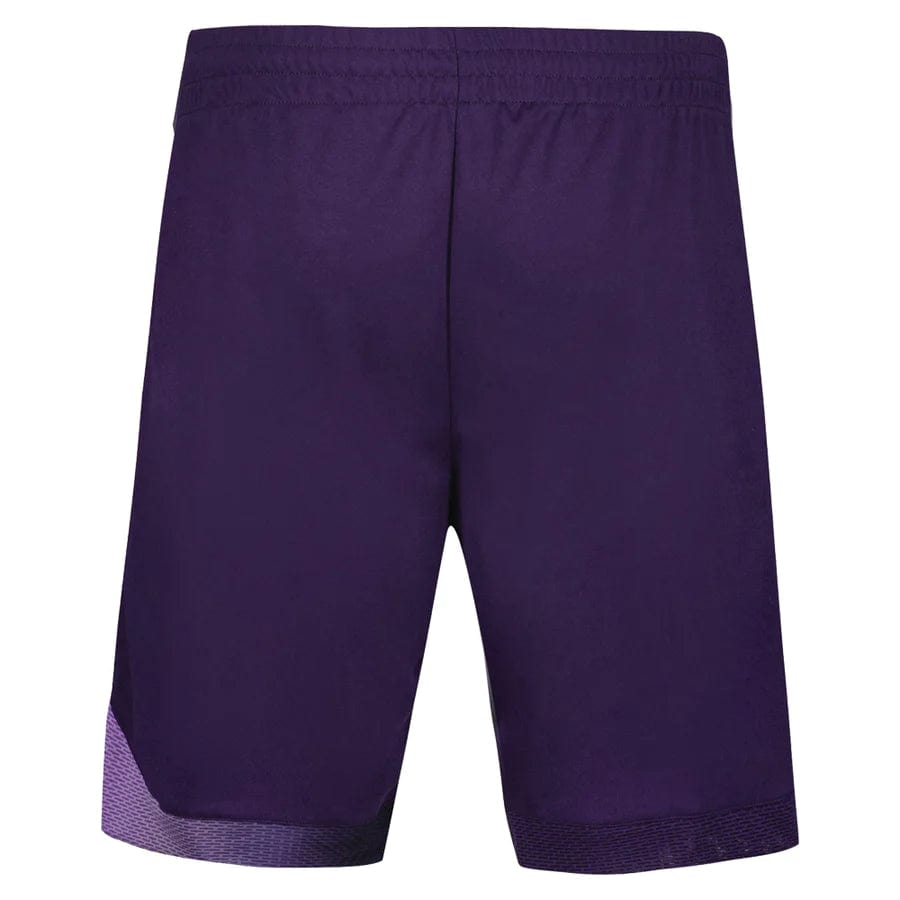Introducing the Le Coq Sportif Pro Men's Badminton Shorts in Purple Velvet. These shorts are designed with an elastic waistband and feature a striking dark trim at the hem. Made from breathable materials, they provide optimal movement for intense athletic activities. The smooth and lightweight fabric ensures they are perfect for challenging matches, all showcased against a plain white background.