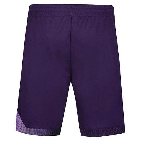 Introducing the Le Coq Sportif Pro Men's Badminton Shorts in Purple Velvet. These shorts are designed with an elastic waistband and feature a striking dark trim at the hem. Made from breathable materials, they provide optimal movement for intense athletic activities. The smooth and lightweight fabric ensures they are perfect for challenging matches, all showcased against a plain white background.
