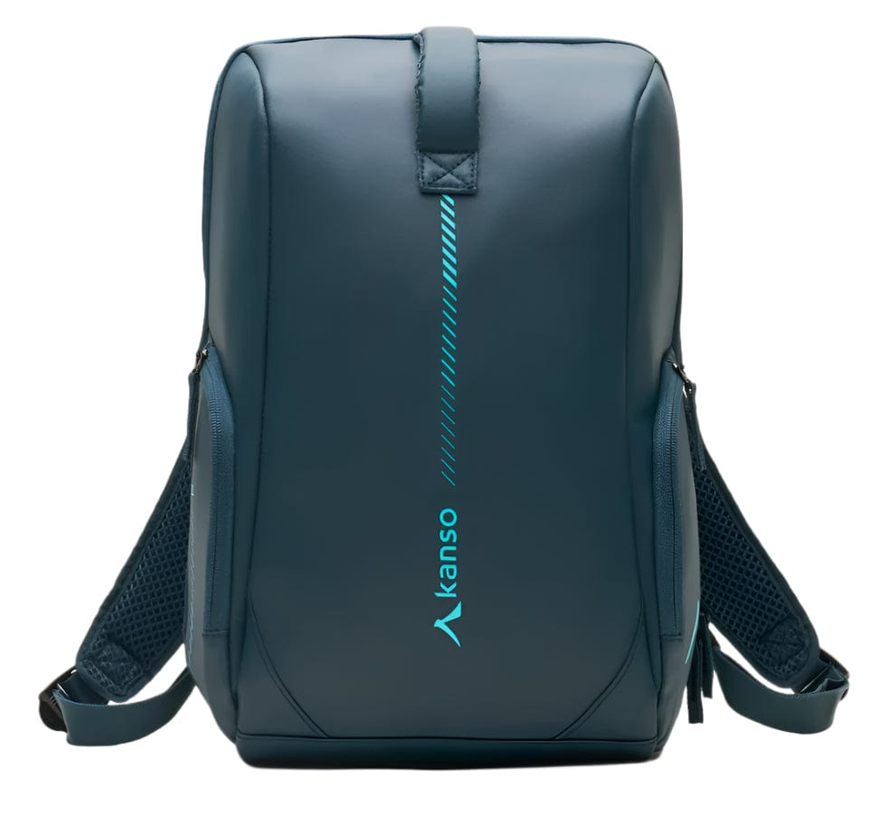 A stylish navy "Kanso" Intuko Badminton 23L Backpack showcases a sleek vertical light blue stripe on the front, featuring breathable mesh fabric on the shoulder straps.