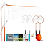 The Franklin Starter 4 Player Badminton / Volley Set by Franklin features a net, two premium alloy steel badminton rackets, two shuttlecocks, a volleyball with pump, and comes with clear instructions for easy setup.