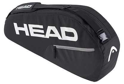 The HEAD BASE 3 Racket Badminton Bag S - BK is a sleek black bag with a large white "HEAD" logo, featuring a zippered compartment, reinforced construction, and adjustable shoulder straps, ideal for carrying sports equipment like tennis rackets.