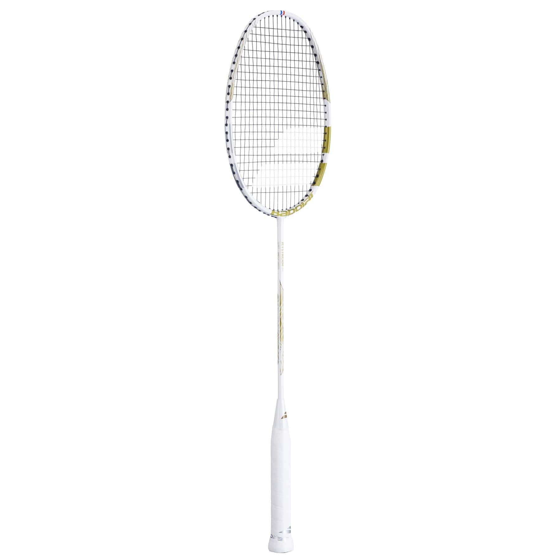 The Babolat Jetstream 74 6U Badminton Racket in White/Gold features an ultra-light build with an oval head, a white handle, and tightly strung netting on a slender shaft for superior precision, ideal for elevating your court performance.