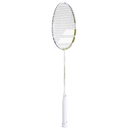 The Babolat Jetstream 74 6U Badminton Racket in White/Gold features an ultra-light build with an oval head, a white handle, and tightly strung netting on a slender shaft for superior precision, ideal for elevating your court performance.