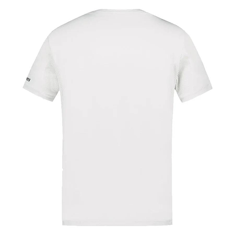 Back view of the Le Coq Sportif Pro Mens Badminton T-Shirt - Optical White, a plain white, breathable shirt by Le Coq Sportif with no visible logos or patterns, shown on a white background—ideal premium badminton apparel for men.