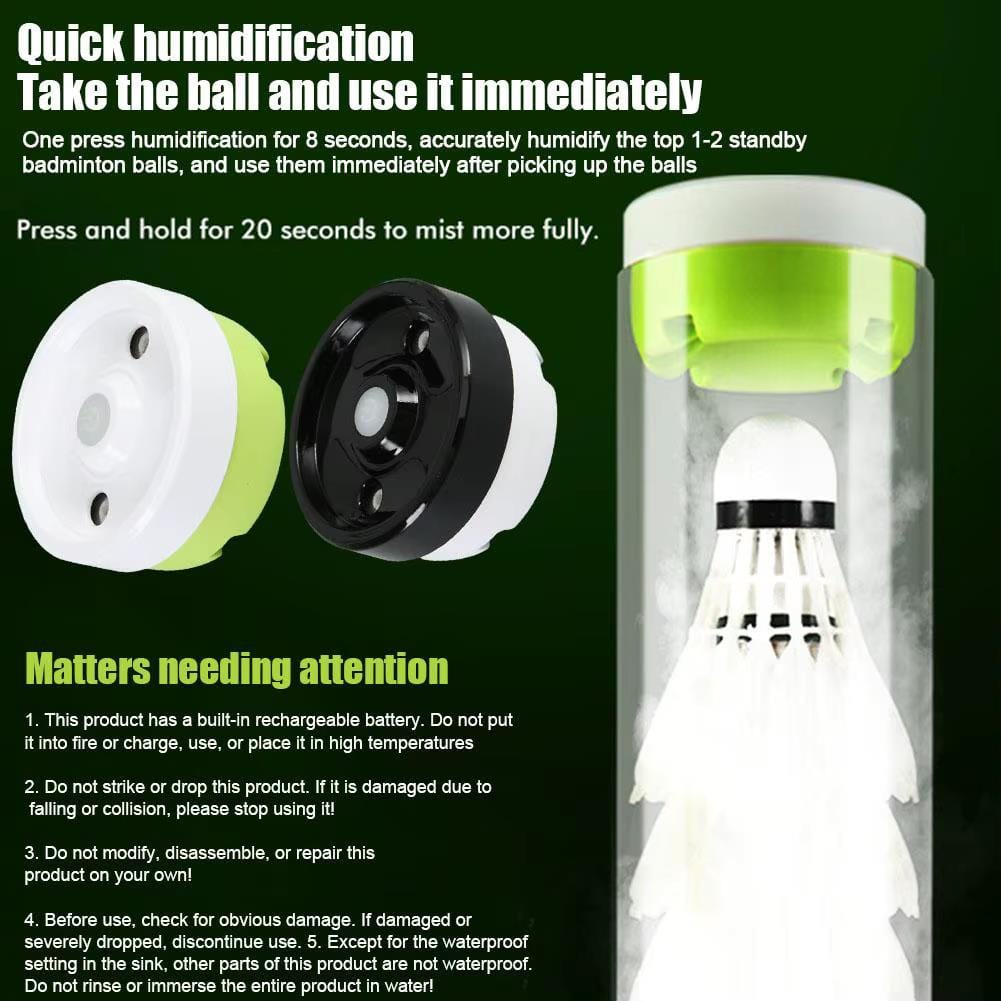 The BadmintonHQ Badminton Shuttlecock Humidifier is displayed with a shuttlecock in its clear tube. Separated parts above illustrate atomisation technology, while text explains rapid humidification and key safety instructions.