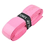 The Yonex AC420 Hi Soft Badminton Overgrip in pink, featuring a glossy texture and neatly coiled design, secured with a black band bearing the "Yonex" label, provides exceptional comfort for players.