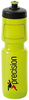 Introducing the Precision 750ml Water Bottle in a vibrant lime green shade: a sports bottle with a sleek screw top design. It features "Precision" printed vertically in black, accompanied by an eye-catching red and black abstract logo depicting a person in motion.