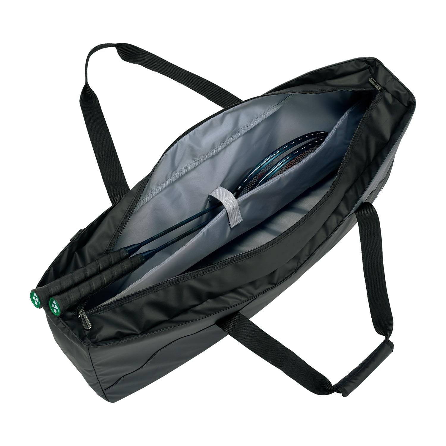 The Yonex 52531EX Club Tournament Badminton Bag in Grayish Blue is open, showing two tennis rackets inside. It boasts durable YKK zippers, ergonomic shoulder straps, and a racket divider for organization with its sleek, minimalist design.