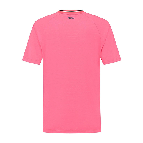 Back view of the K-Swiss Hypercourt Mens Melange 3 Badminton T-Shirt in pink, featuring a "K-SWISS" logo near the collar—a stylish pick from K-Swiss for any men's badminton shirt collection.