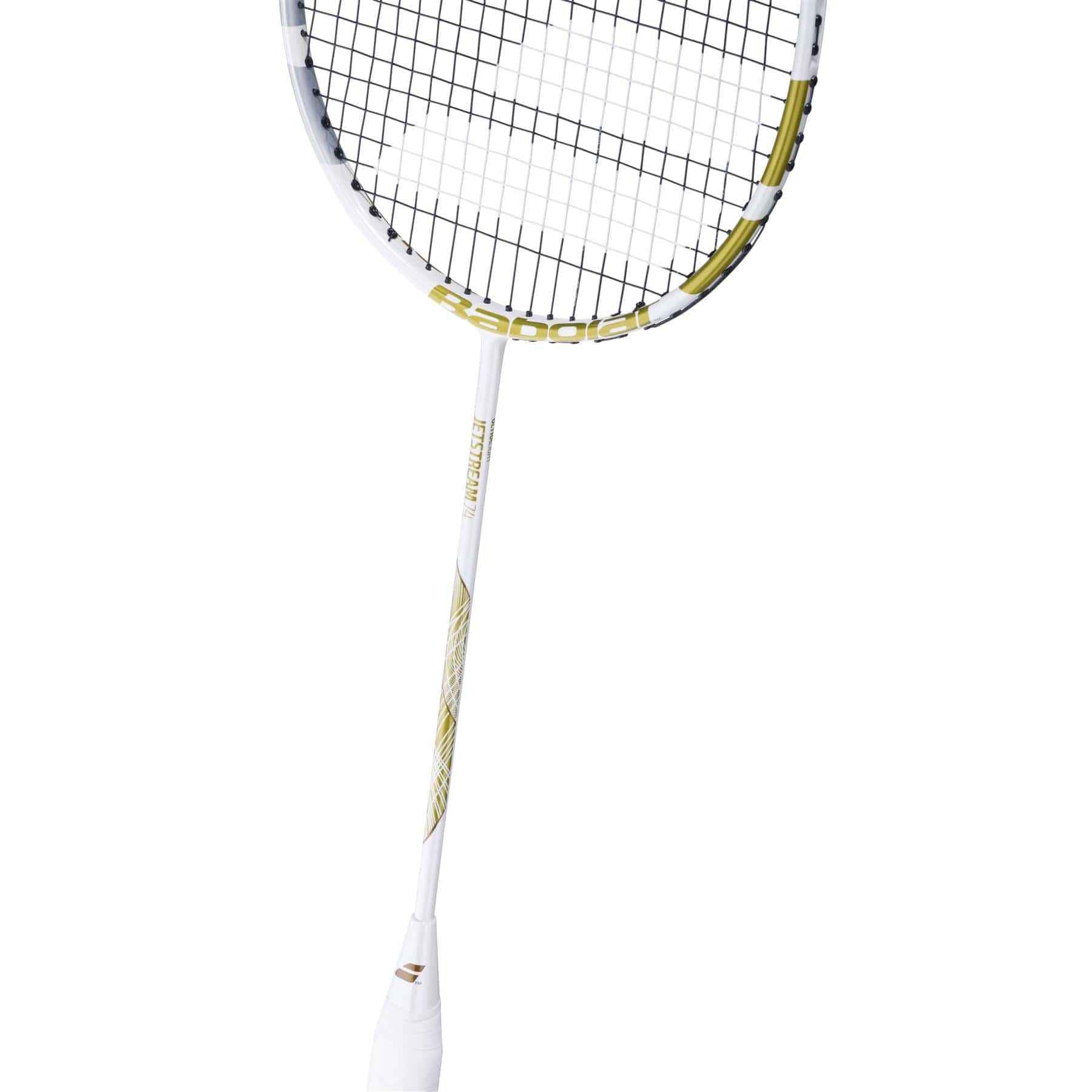 The Babolat Jetstream 74 6U Badminton Racket boasts a lightweight, sleek design with a white frame, black strings, gold accents on the shaft, and a white handle wrap, all set against a plain white background.