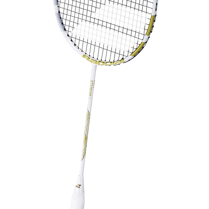 The Babolat Jetstream 74 6U Badminton Racket boasts a lightweight, sleek design with a white frame, black strings, gold accents on the shaft, and a white handle wrap, all set against a plain white background.