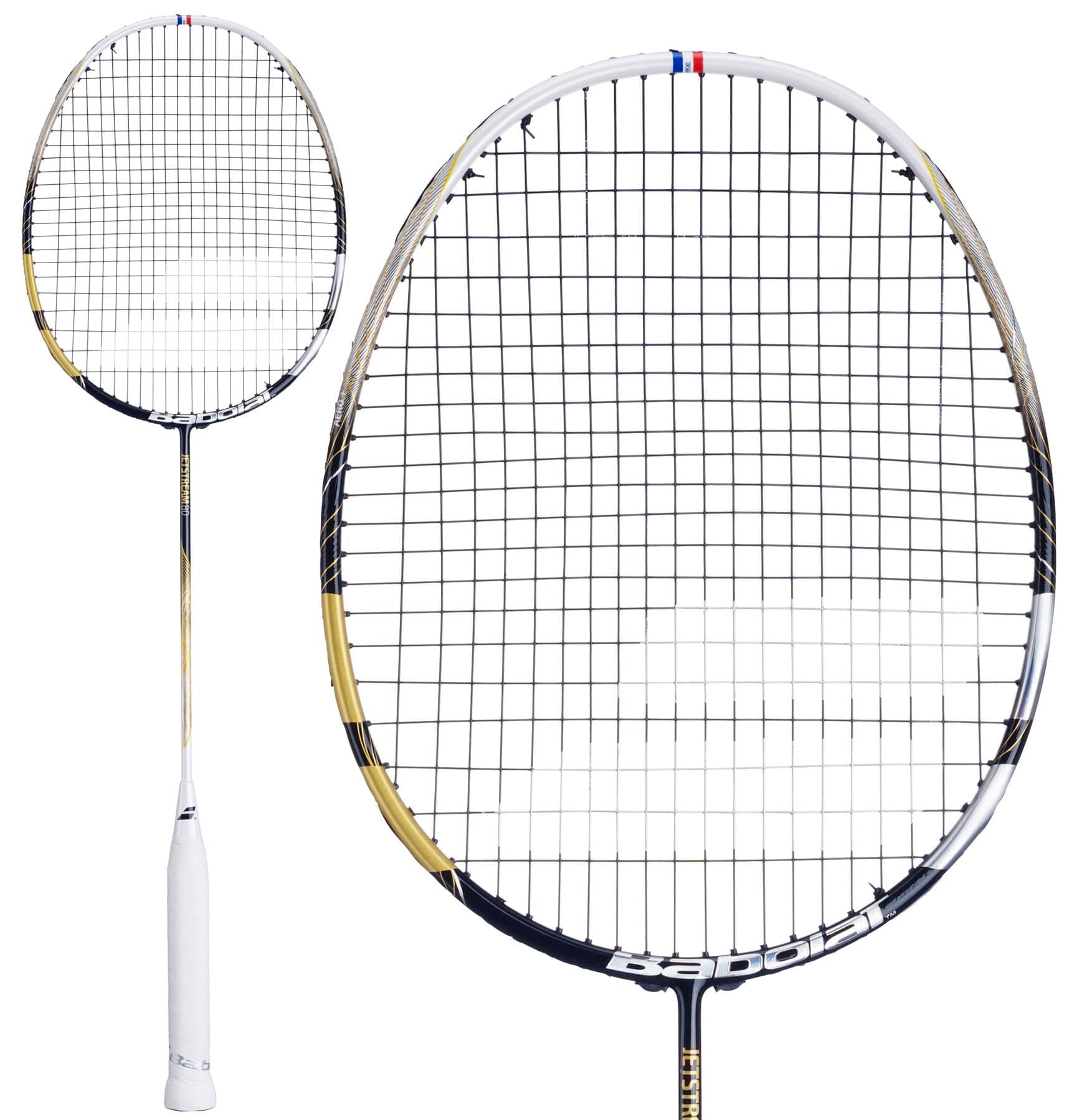 The Babolat Jetstream 80 4U badminton rackets feature a white grip and a gold, black, and white frame. One racket is fully visible, highlighting its precision with tightly woven strings, while the other subtly showcases its impressive manoeuvrability from the side.