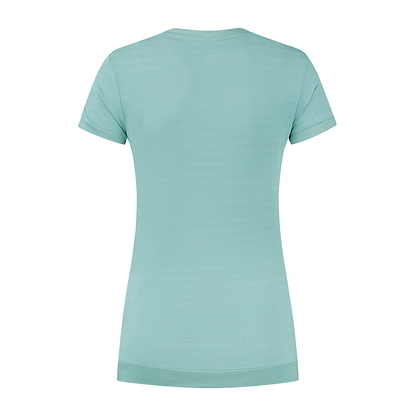 A Nile blue women's badminton top with short sleeves and a V-neck, viewed from the back, is part of the K-Swiss Tac Hypercourt collection. It features a simple design and appears to be made of soft, breathable fabric.