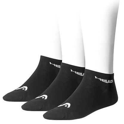 A pack of three HEAD Sneaker Badminton Socks in black is shown upright against a white background. Each features the "HEAD" logo in white near the cuff and a white toe design, all crafted from a soft cotton blend for comfort.