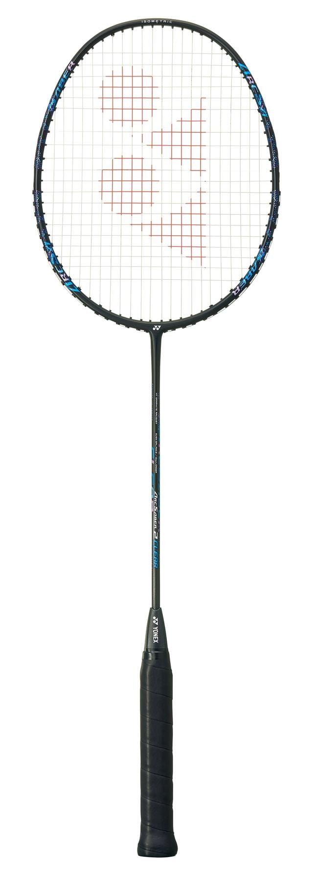 The Yonex Arcsaber 2 Clear 4U racket, from the prestigious Yonex brand, boasts a black frame with a red logo on the strings for enhanced shuttle control. Its textured grip handle provides comfort during play, and its slim, lightweight design features blue and white markings on a white shaft.