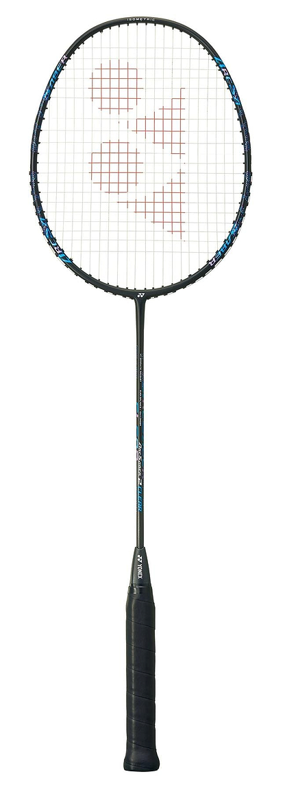 The Yonex Arcsaber 2 Clear 4U racket, from the prestigious Yonex brand, boasts a black frame with a red logo on the strings for enhanced shuttle control. Its textured grip handle provides comfort during play, and its slim, lightweight design features blue and white markings on a white shaft.