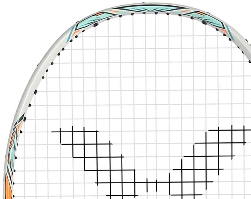 Close-up of the top half of the Victor Jetspeed S 12TD R 4U Badminton Racket in green by Victor, showcasing vibrant accents, an Aero-Sword frame, and a stylish black "V" pattern on the string bed.