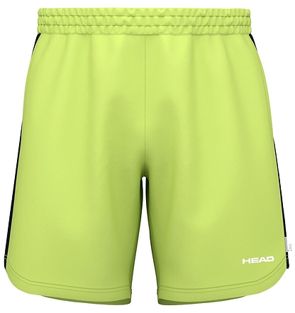 The HEAD Power Men's Badminton Shorts - LL are bright green with black side panels, featuring advanced moisture transfer technology and an elastic waistband. "HEAD" is printed in white on the bottom-right corner for a stylish and comfortable look.