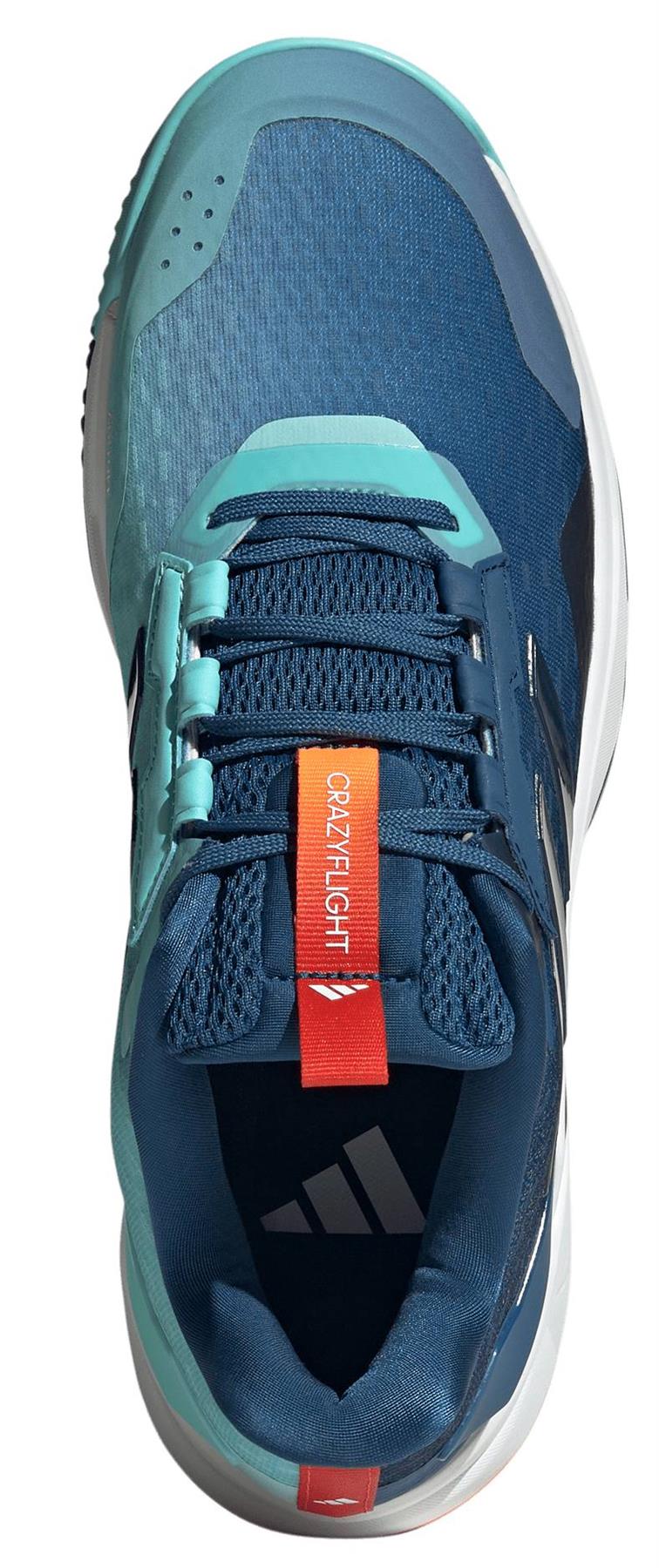 Top view of the ADIDAS Crazyflight 6 Men's Indoor Badminton Shoes in navy by adidas, featuring a red "CRAZYFLIGHT" pull tab on the tongue and adidas logo inside the heel—ideal for indoor sports like volleyball.