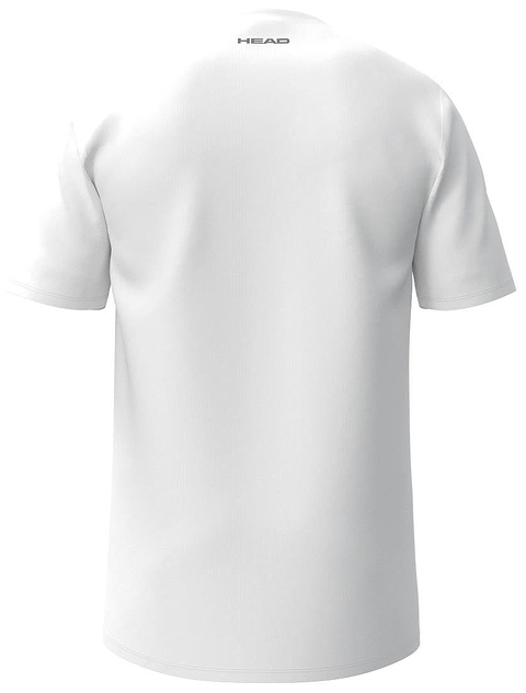 The HEAD Simple Men's Badminton T-Shirt in white is shown from the back, featuring a small black HEAD logo near the neckline. Crafted from high-quality polyester sportswear fabric for comfort and performance.