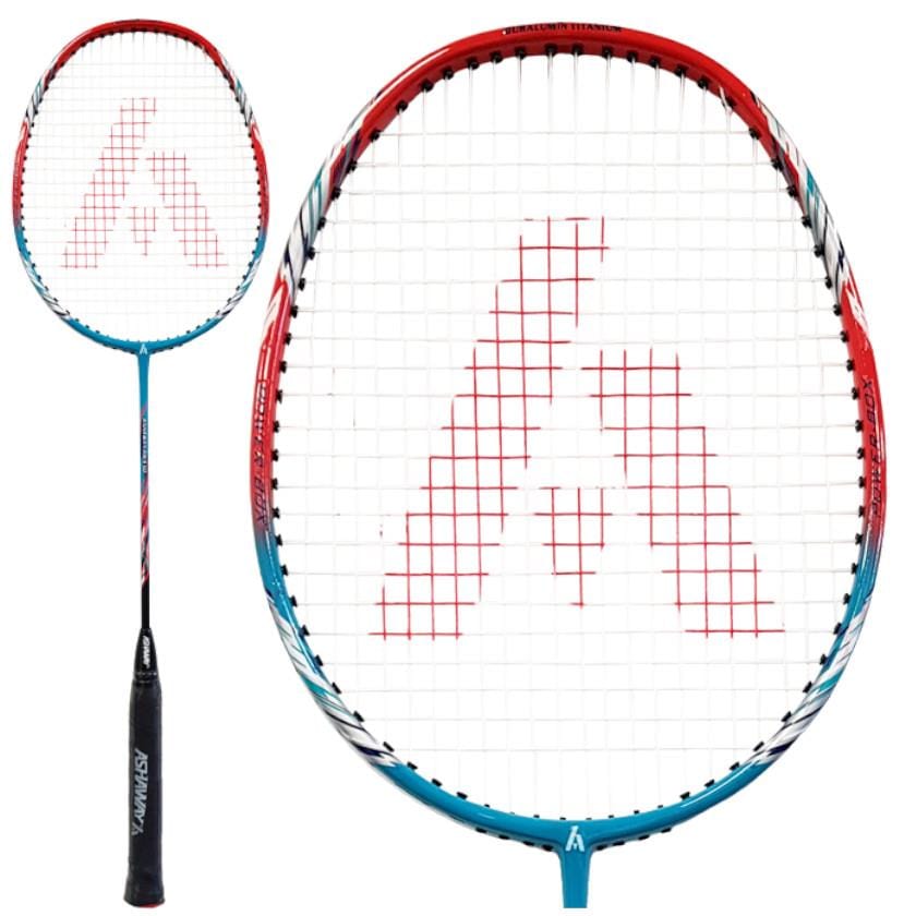 Introducing the Ashaway AM 9SQ Badminton Racket, crafted by Ashaway with a carbon shaft and finished with a sleek black handle. The frame showcases an eye-catching combination of red and turquoise. The strings prominently feature a large red "A" logo. Displayed in two views, full and close-up of the head, this design boosts power, control, and precision on the court.