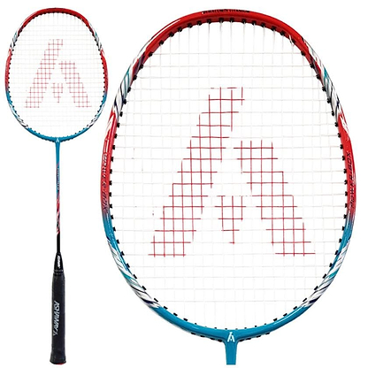 Introducing the Ashaway AM 9SQ Badminton Racket, crafted by Ashaway with a carbon shaft and finished with a sleek black handle. The frame showcases an eye-catching combination of red and turquoise. The strings prominently feature a large red "A" logo. Displayed in two views, full and close-up of the head, this design boosts power, control, and precision on the court.