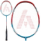 Introducing the Ashaway AM 9SQ Badminton Racket, crafted by Ashaway with a carbon shaft and finished with a sleek black handle. The frame showcases an eye-catching combination of red and turquoise. The strings prominently feature a large red "A" logo. Displayed in two views, full and close-up of the head, this design boosts power, control, and precision on the court.