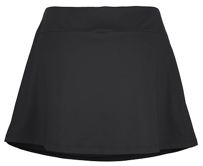 The Babolat Play Women's Badminton Skirt in black is made from recycled polyester and features a high waistband. Its smooth fabric offers 360 Motion, ideal for dynamic activities. This classic A-line design falls just above the knees and is showcased against a plain white background.