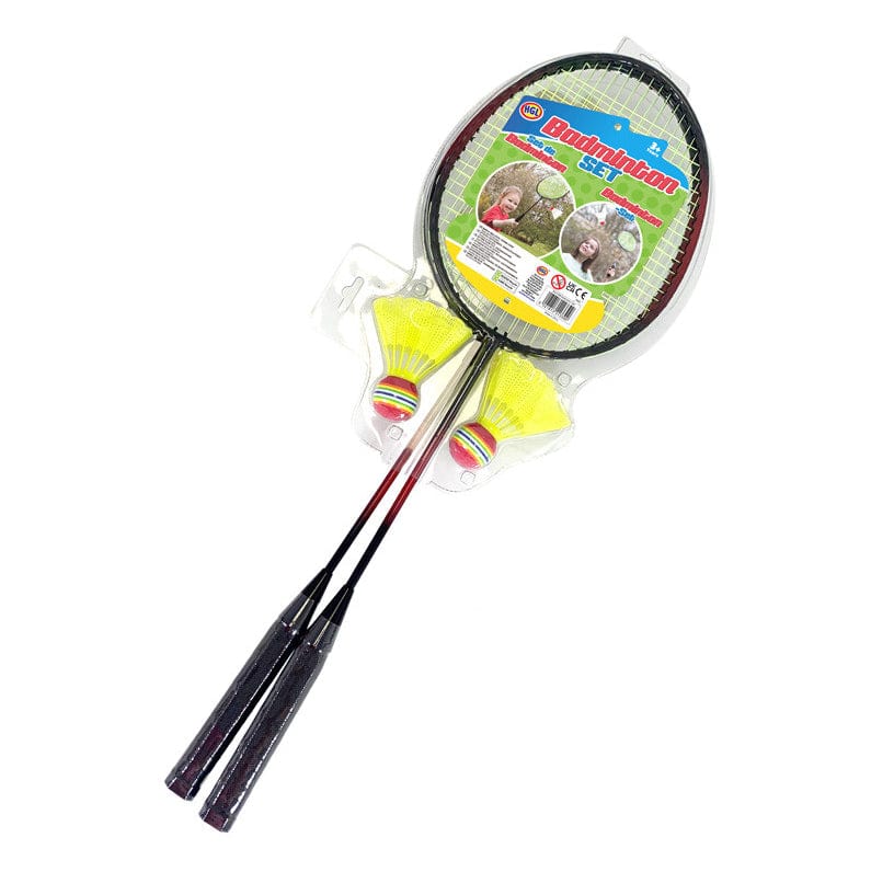The HGL Recreation 2 Player Badminton Set features two lightweight aluminum rackets with black handles and comes with a pair of durable yellow nylon shuttlecocks. This set is specifically designed for children, featuring vibrant branding on the packaging to attract young players.