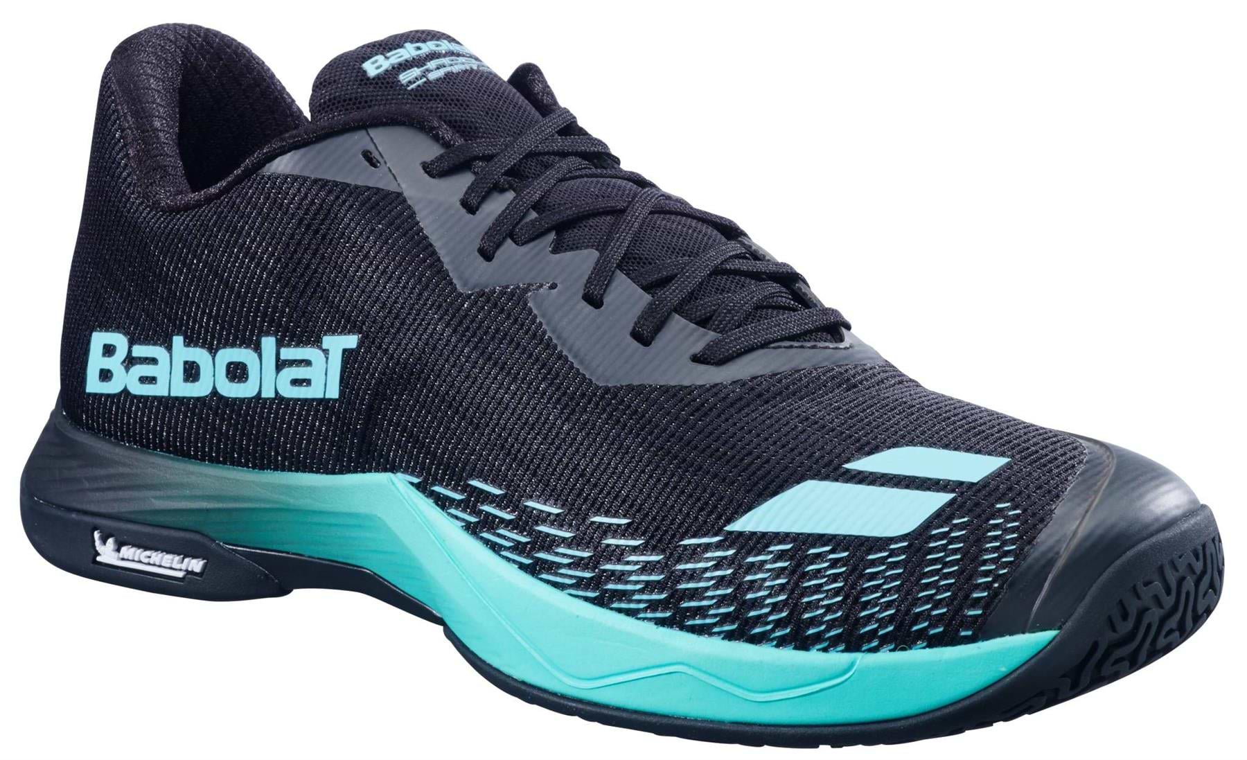 The Babolat Shadow Spirit 2 Men's Badminton Shoes in black/cyan feature a mesh upper, light blue accents, and a "Michelin" sole—ideal stylish indoor court shoes for badminton or tennis.