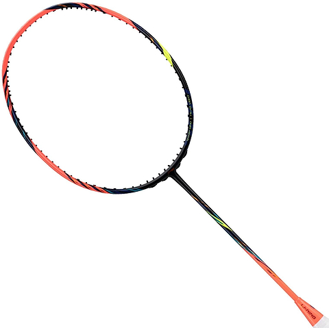 The Li-Ning BladeX 500 4U Badminton Racket - Neon True Orange features TB Nano Technology and a vibrant black, orange, and yellow frame with a matching orange shaft, displayed against a white background.