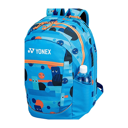 The Yonex 22512 Junior Badminton Backpack - Ocean Blue combines a spacious design with a colorful abstract pattern and playful shapes, featuring orange zippers, a side pocket for your water bottle, and padded shoulder straps for comfort.