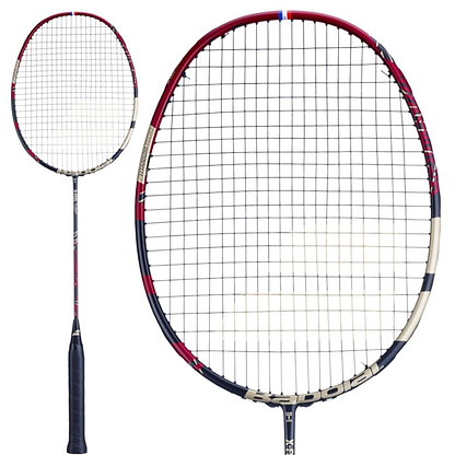Here are two perspectives of the sleek and lightweight Babolat X-Feel Fury Badminton Racket in red and black. This racket is expertly engineered by Babolat for optimal power transmission, while its strings net enhance precision with every shot.