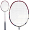 Here are two perspectives of the sleek and lightweight Babolat X-Feel Fury Badminton Racket in red and black. This racket is expertly engineered by Babolat for optimal power transmission, while its strings net enhance precision with every shot.