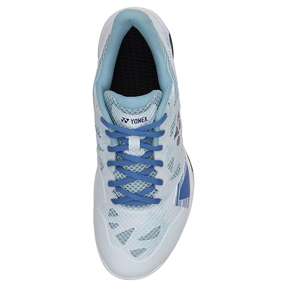 Yonex Power Cushion Eclipsion Z3 Wide Men's Badminton Shoes in light blue, featuring blue laces, breathable mesh panels, and a Yonex logo on the tongue; designed to minimize lateral shake for stability and enhanced performance.