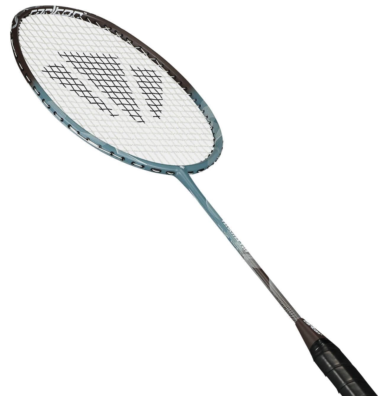 A close-up of the Carlton Velocitex V410 3U Badminton Racket - Blue by Carlton, an intermediate even balance racket with a black handle, silver shaft, and white strings, set against a white background.