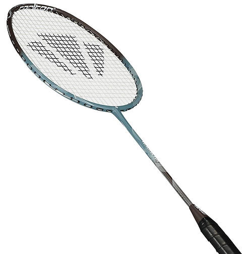 A close-up of the Carlton Velocitex V410 3U Badminton Racket - Blue by Carlton, an intermediate even balance racket with a black handle, silver shaft, and white strings, set against a white background.